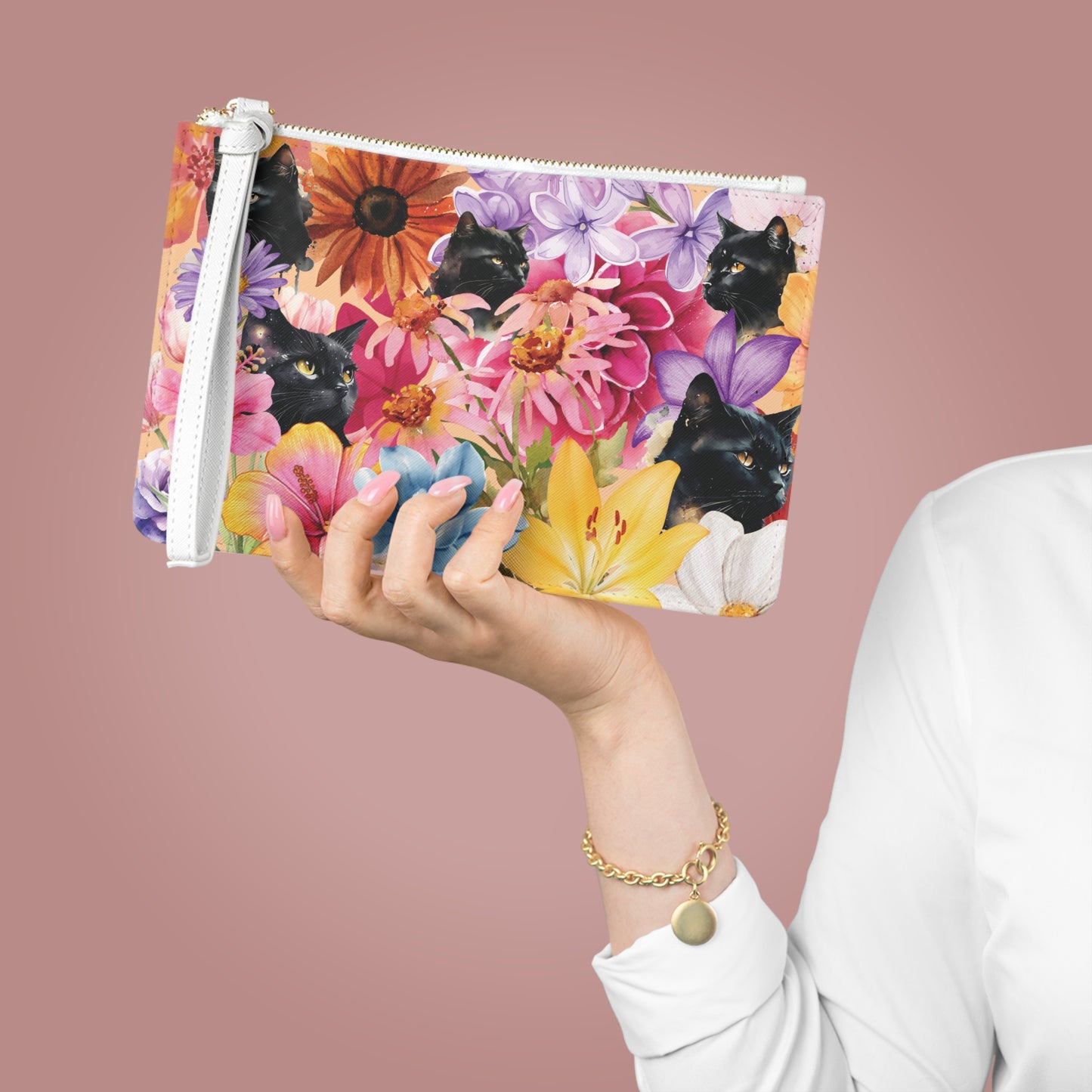 Black Cat & Floral Clutch Bag