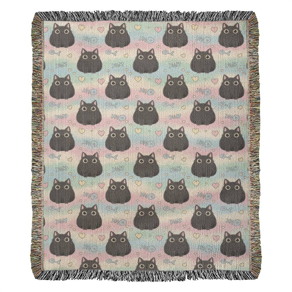 Kawaii Black Cat Woven Blanket