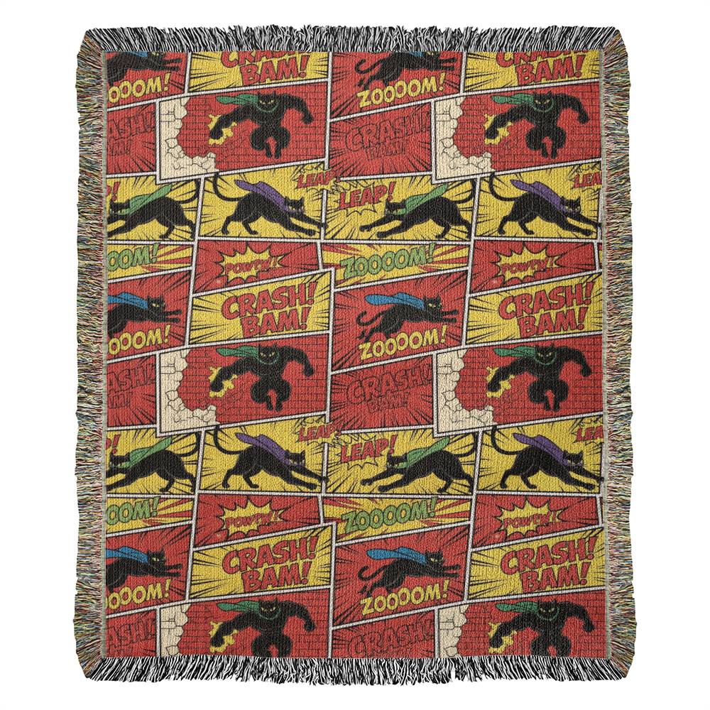Comic Black Cat Action Woven Blanket