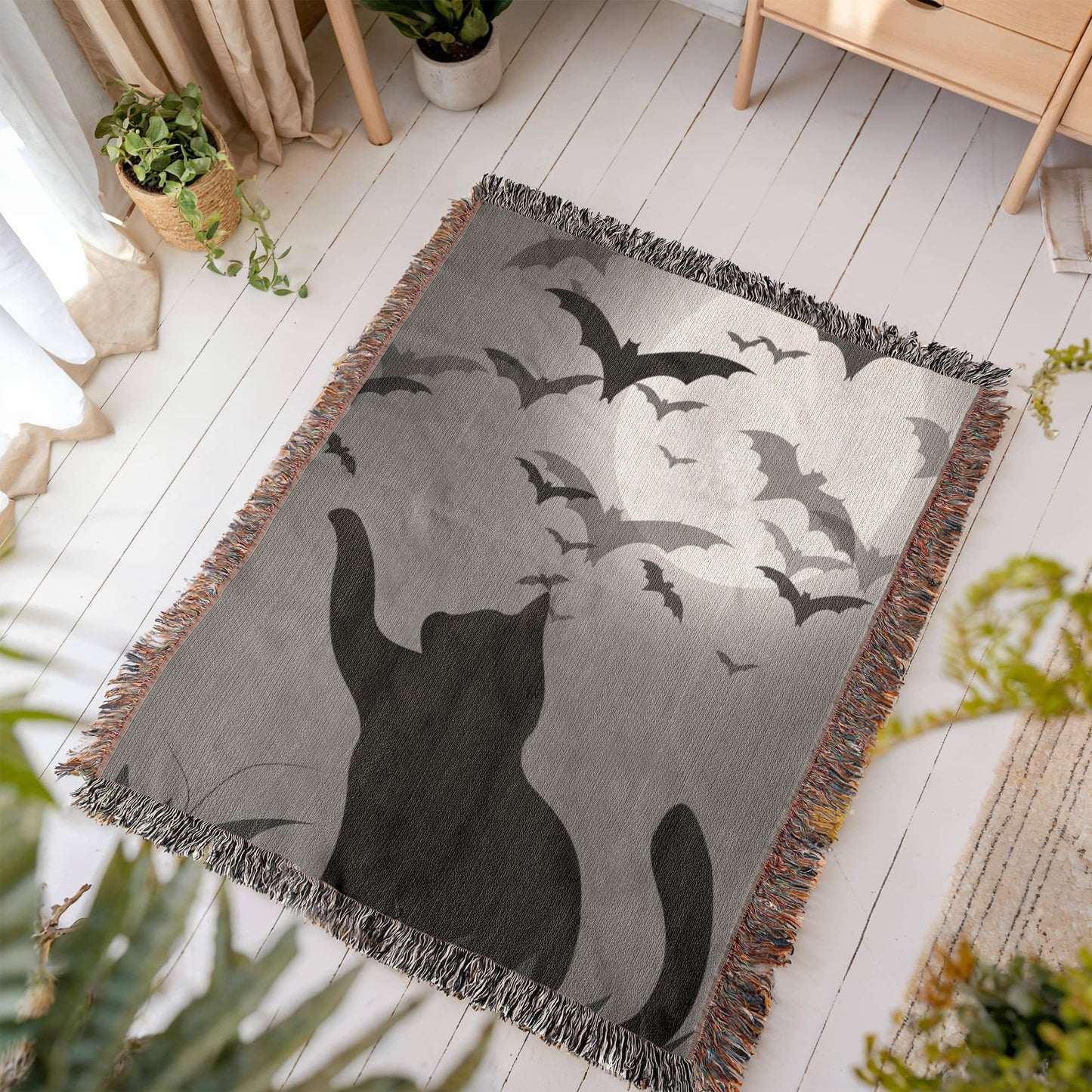 Black Cat, Moon & Bats Heirloom Woven Blanket
