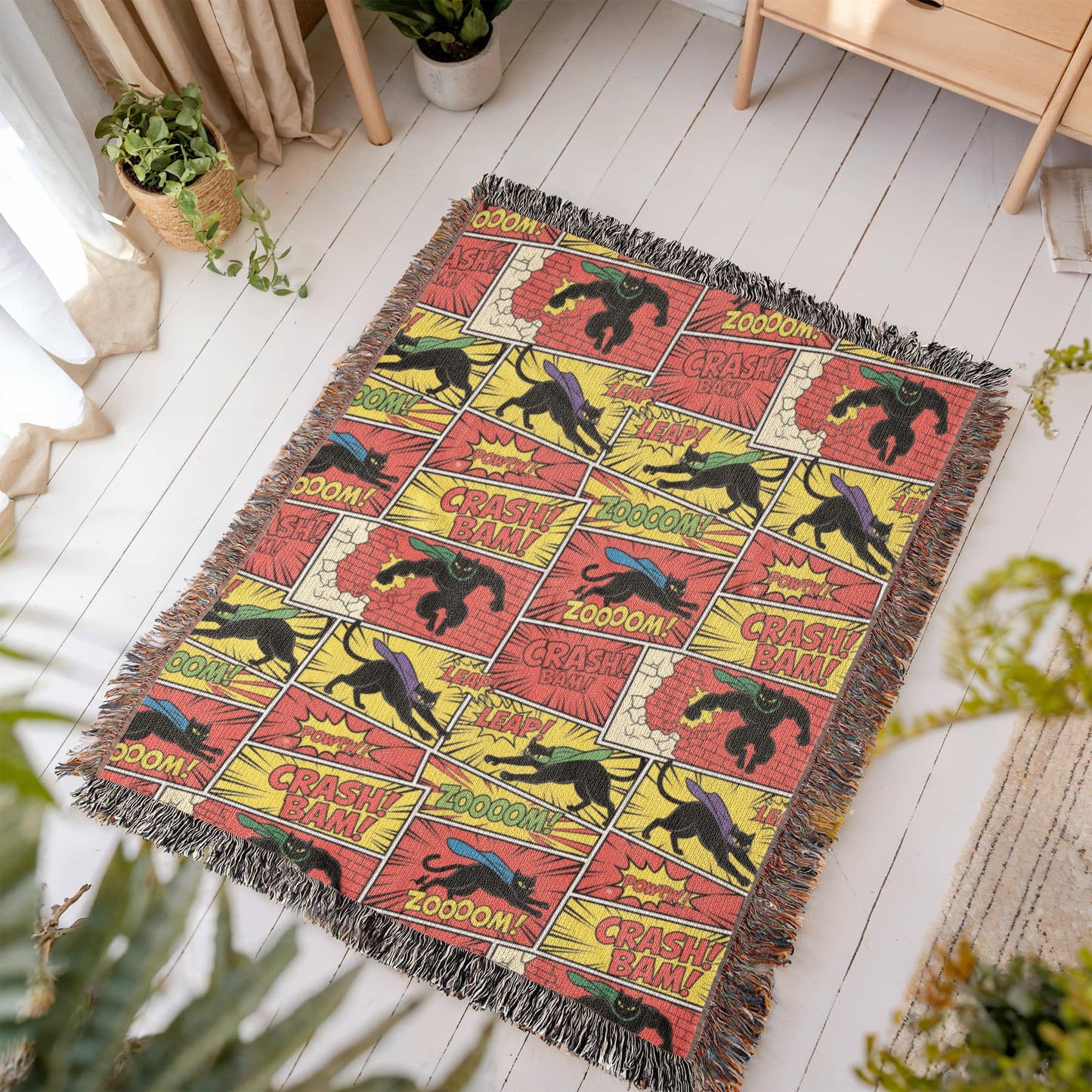 Comic Black Cat Action Woven Blanket