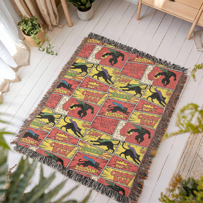 Comic Black Cat Action Woven Blanket