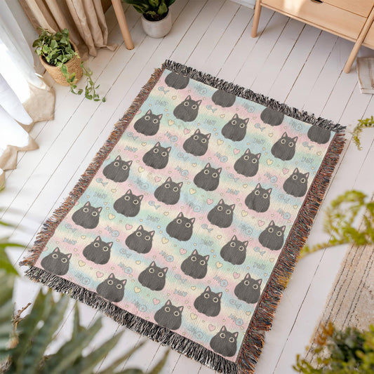 Kawaii Black Cat Woven Blanket