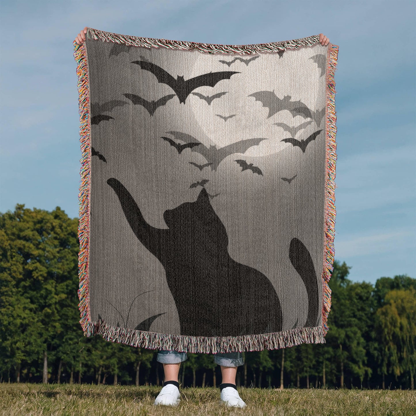 Black Cat, Moon & Bats Heirloom Woven Blanket
