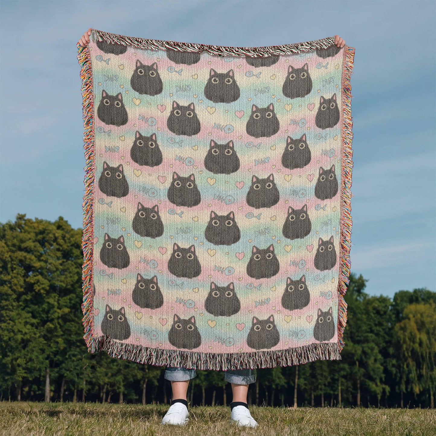 Kawaii Black Cat Woven Blanket