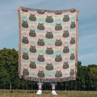 Kawaii Black Cat Woven Blanket