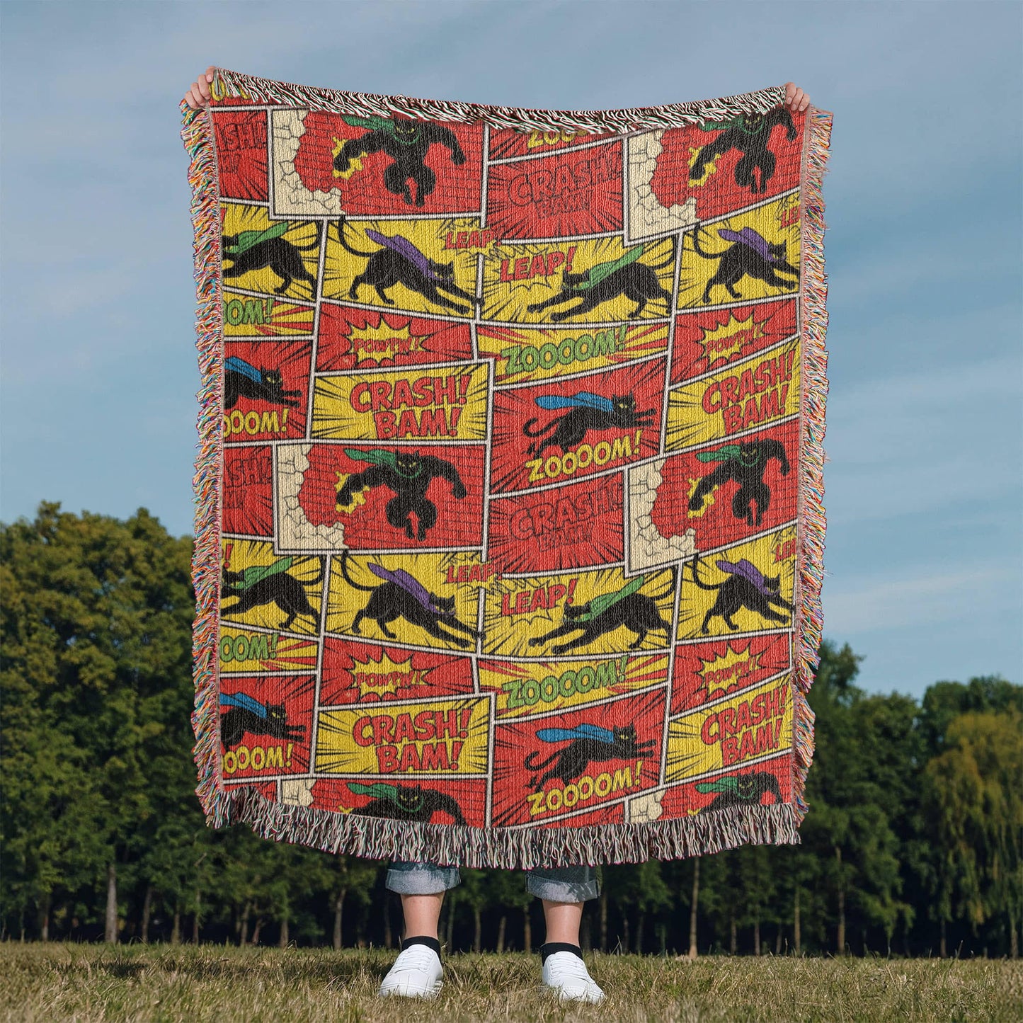 Comic Black Cat Action Woven Blanket