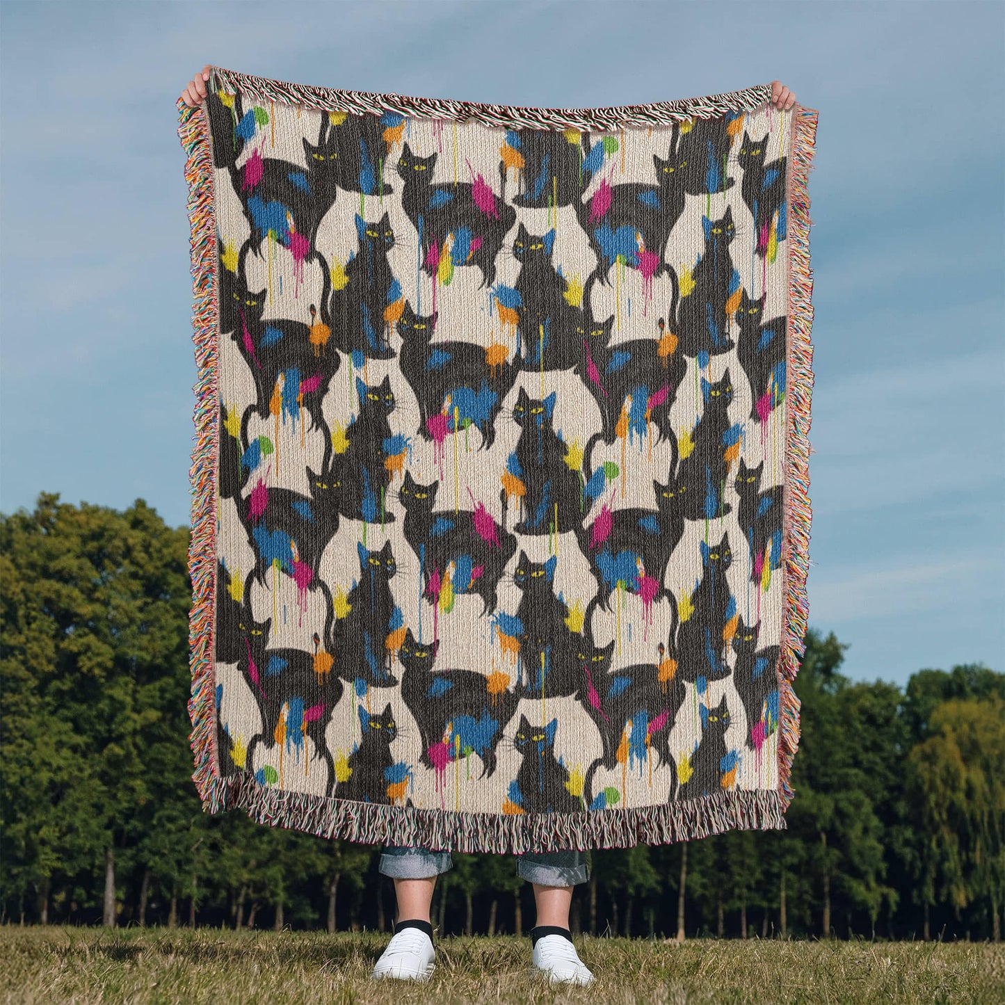 Color Splash Black Cat Woven Blanket